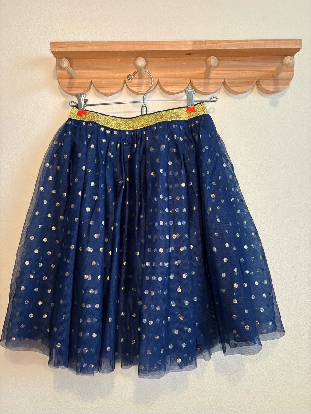 Mini Boden Navy Tulle Skirt with Gold Polka Dots and Gold Waistband